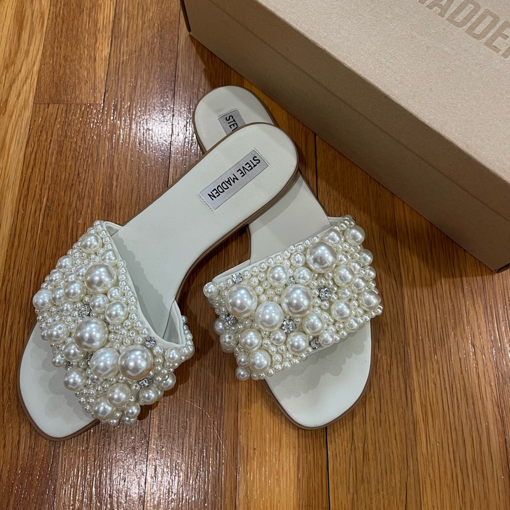 Steve Madden Women's Pearl Embellished Slide Sandals - Cream - Bridal Sandals